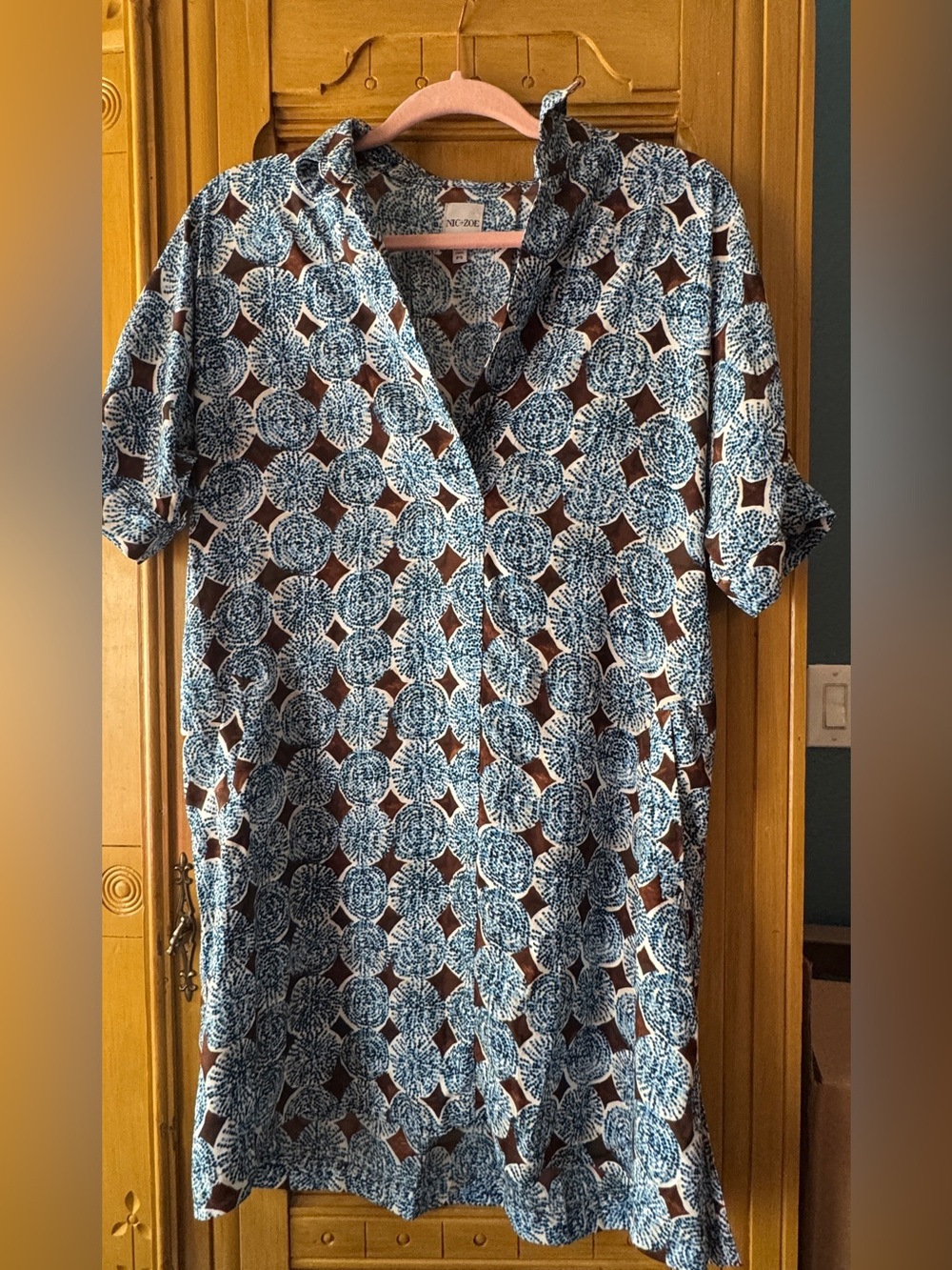 NIC+ZOE Petite Small PS Blue Brown Geo Print Shift Dress Short Sleeve
